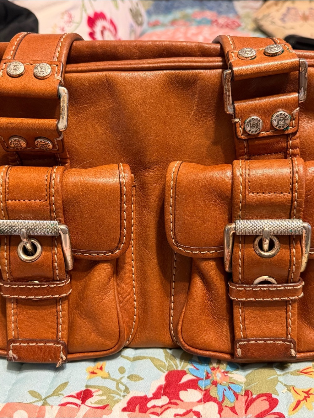 Michael Kors Cognac Brown Leather Shoulder Bag with Front Buckle Pockets